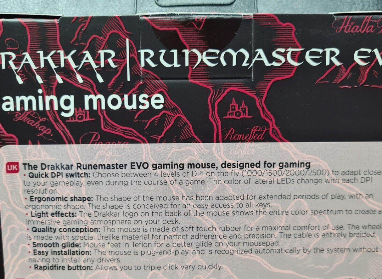 Drakkar Runemaster EVO gaming mouse packaging, highlighting ergonomic design, DPI options, and LED effects.