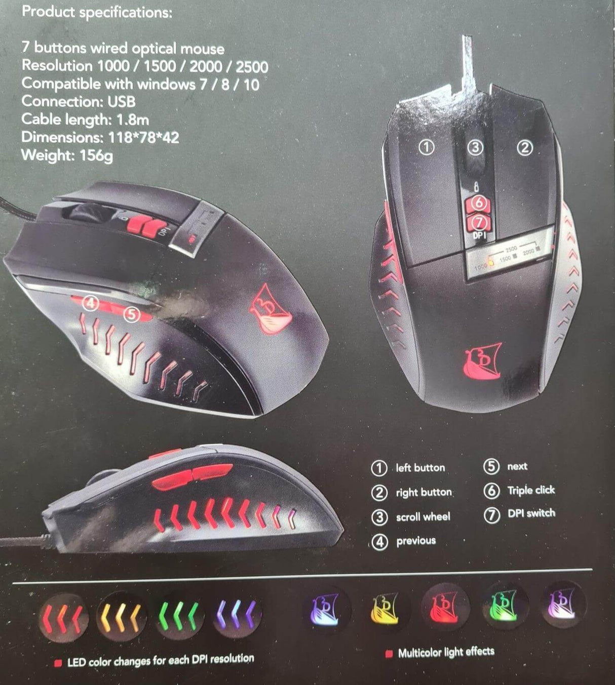 Konix Drakkar Runemaster Evo gaming mouse, 7 buttons, USB connection, LED color change features, sleek black design.