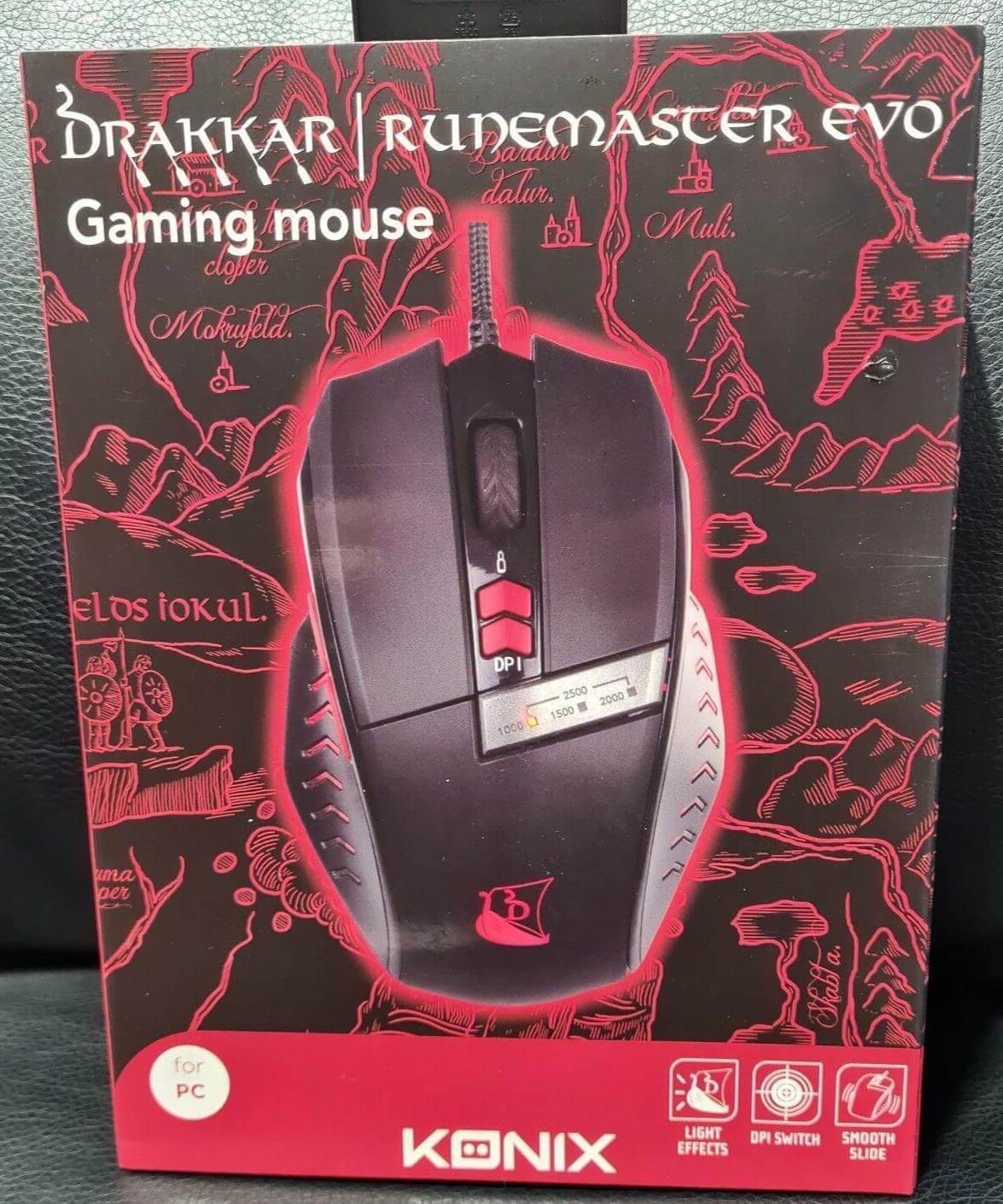Konix Drakkar Runemaster Evo gaming mouse for PC, featuring LED color change and 7 buttons in an eye-catching black design.