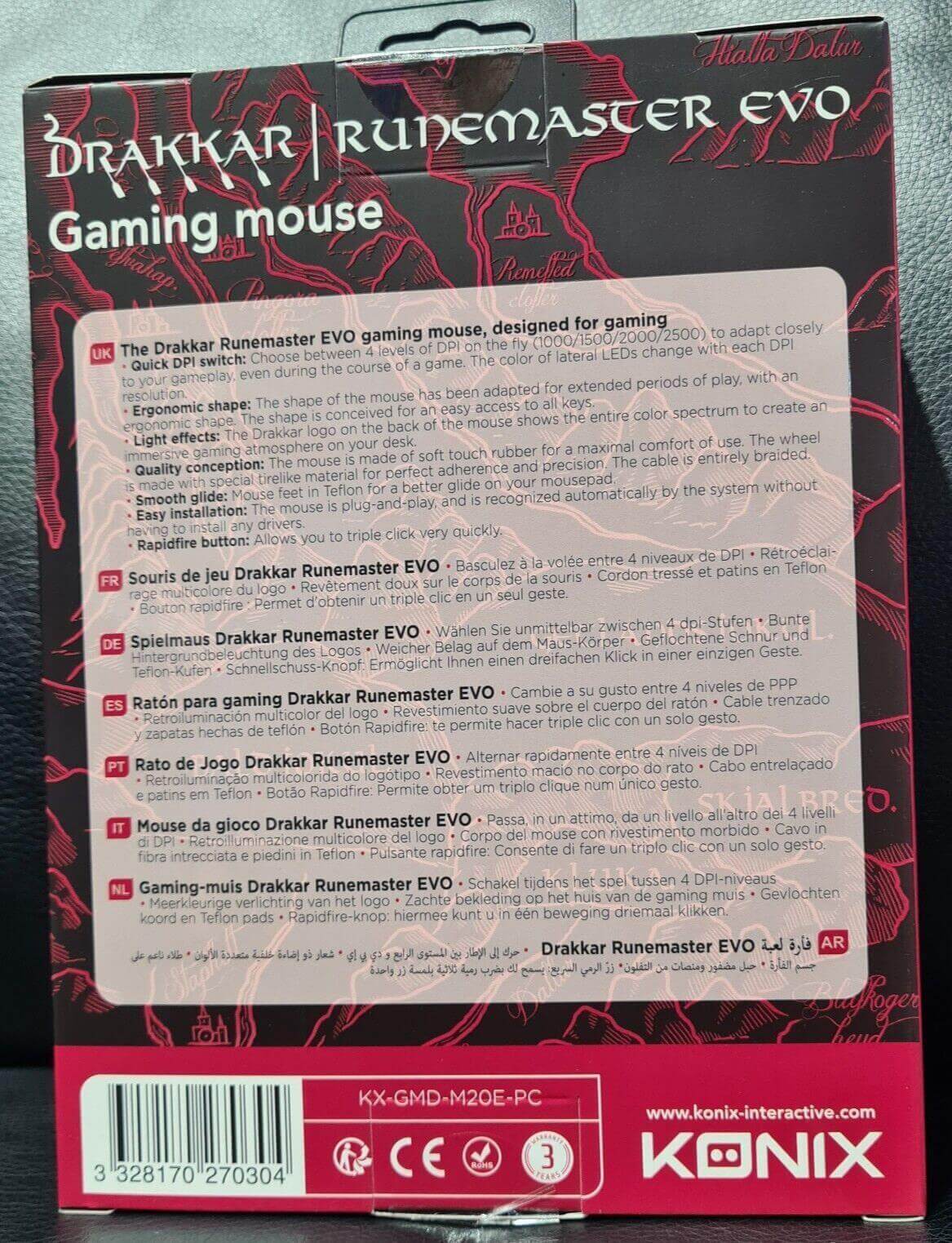 Back packaging of Konix Drakkar Runemaster EVO gaming mouse, featuring design and product details.
