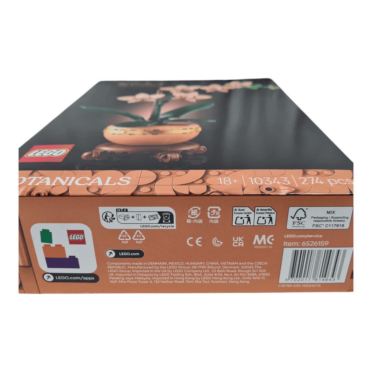 LEGO 10343 Mini Orchid Botanical Set - Box Back View with Details and Pieces Count, Age 18+, Brand New Sealed