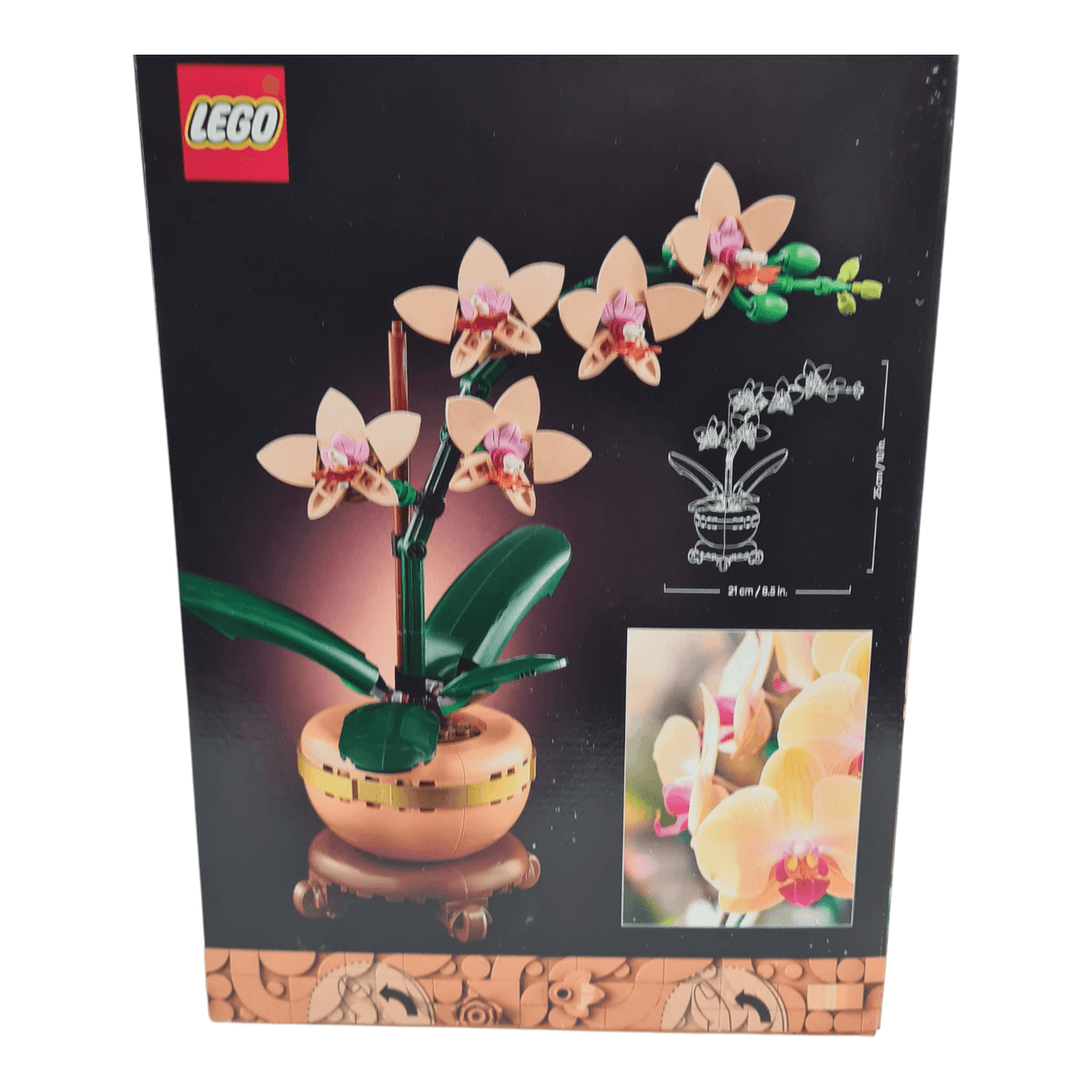 LEGO 10343 Mini Orchid Botanical Set in sealed packaging, showcasing beautiful floral design and components.
