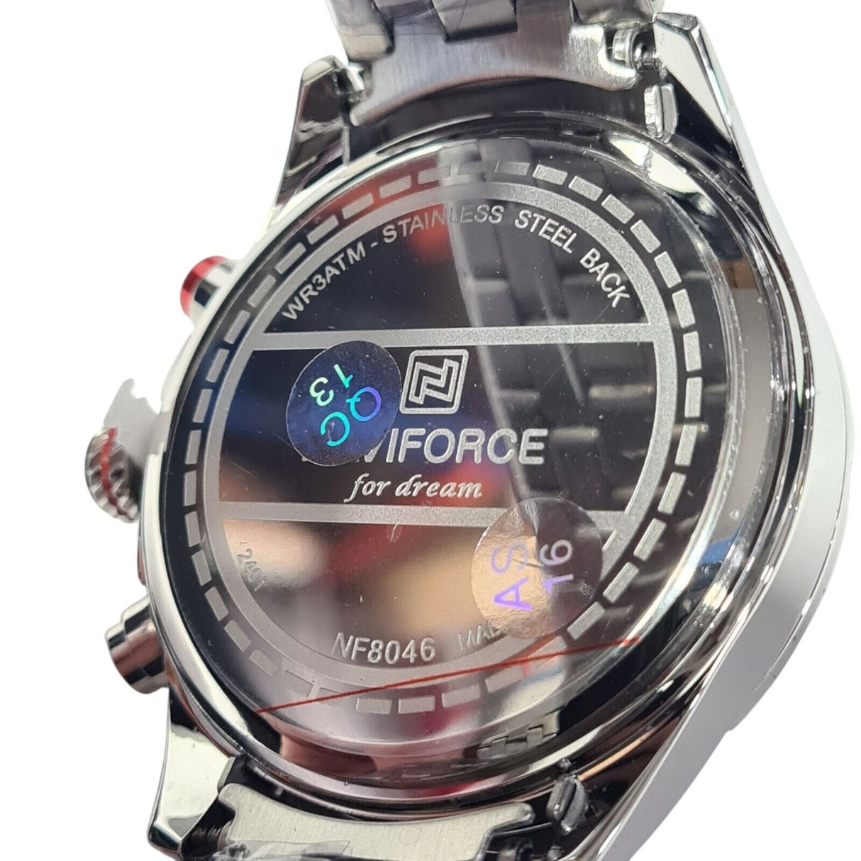 Close-up of Naviforce NF8046 watch back, showcasing stainless steel, chronograph features and water resistance details.
