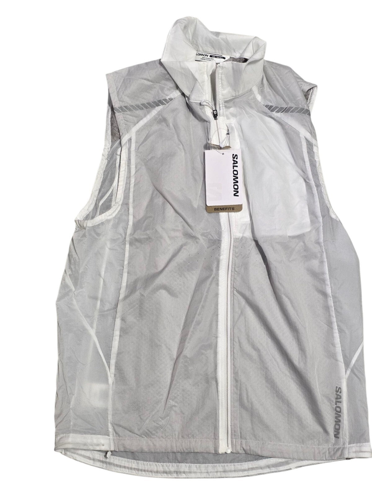 Salomon Men’s Sense Flow Lightweight Vest with laser cut holes, zip closure in white, ideal for running.