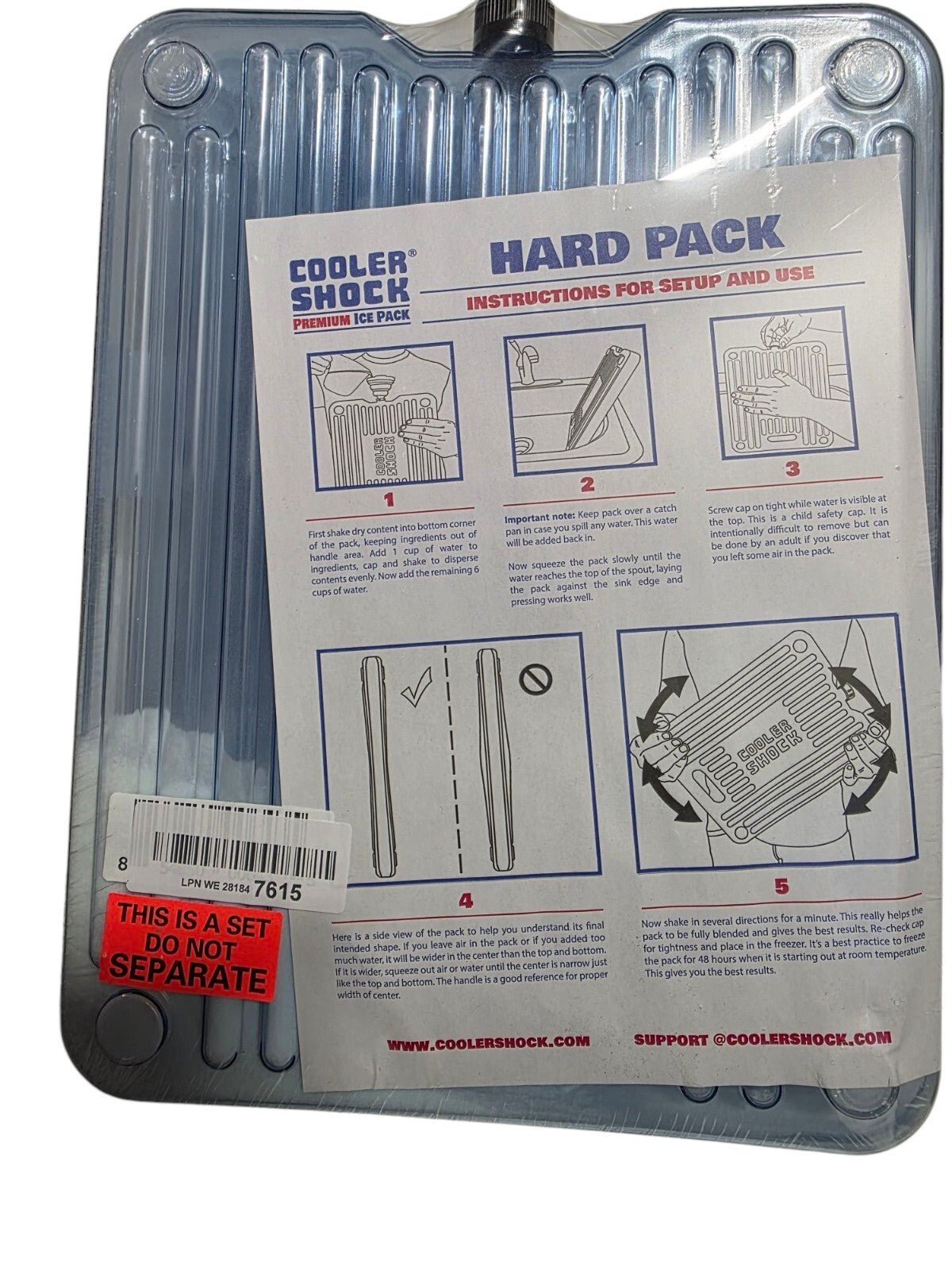 Instructions for use of Cooler Shock Hard Pack ice packs for coolers, featuring setup steps and usage guidelines.
