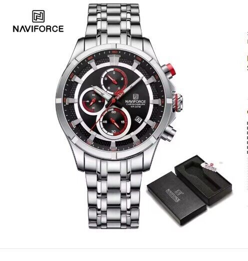 Naviforce NF8046 men's watch with stainless steel strap and chronograph features in elegant black design.