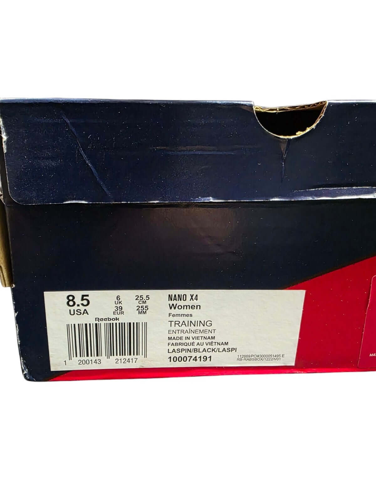Reebok Nano X4 Women's training shoes box label showing UK6 size and product details.