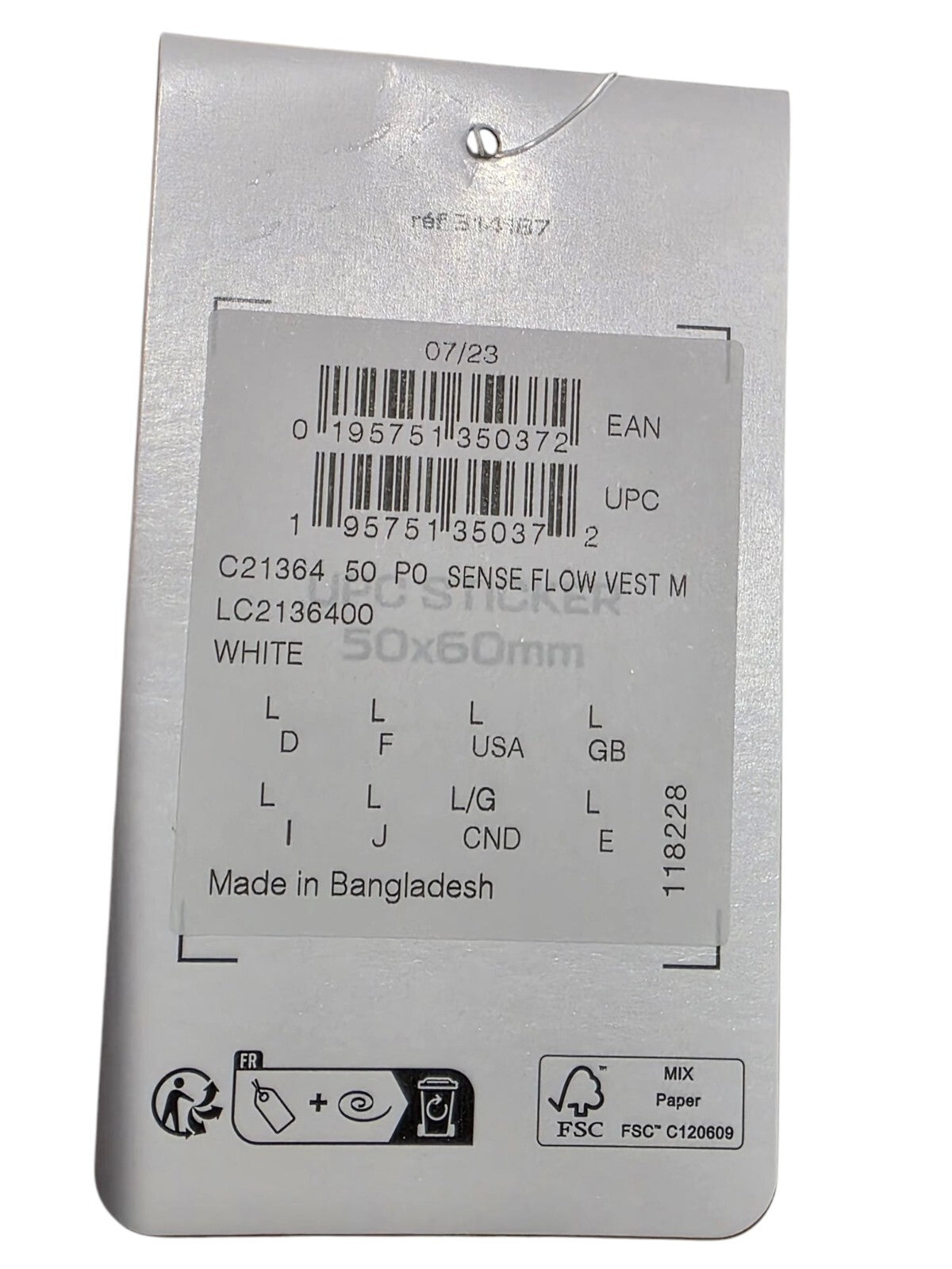 Salomon Men’s Sense Flow Vest tag showing care instructions, size, and model details in white background.