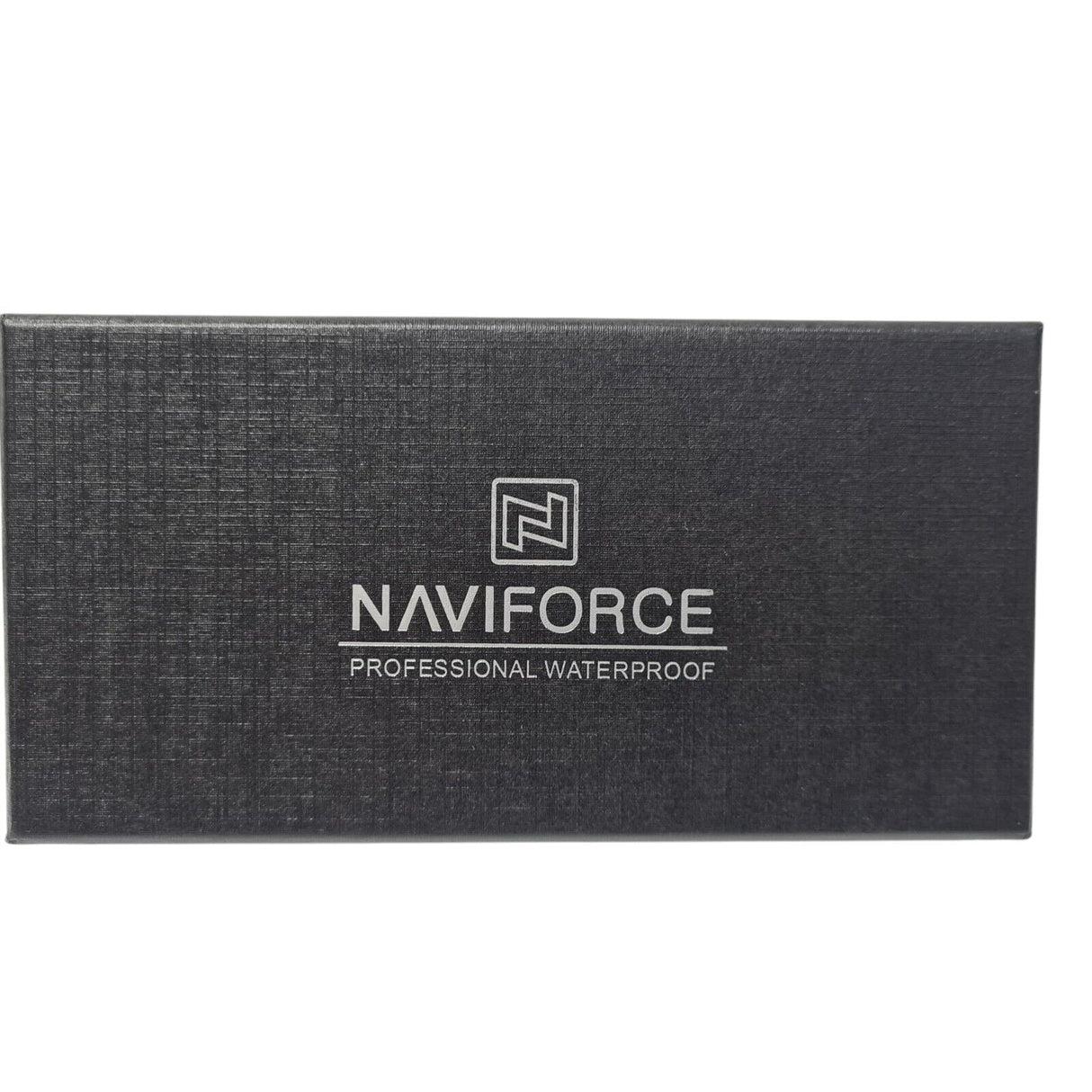 Naviforce watch box, professional waterproof design for NF8046 chronograph watch, elegant black packaging.