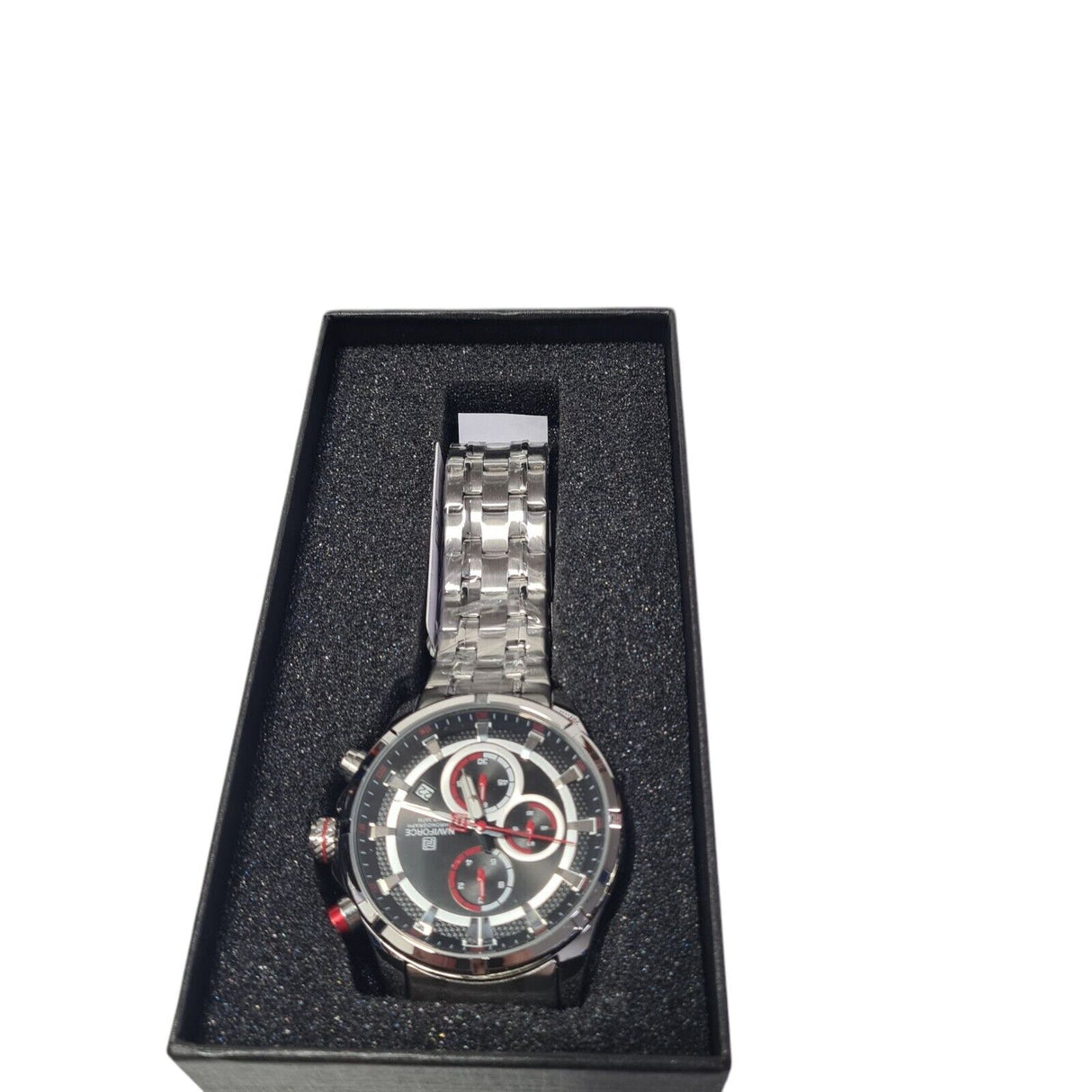 Naviforce NF8046 men's chronograph watch in a black gift box with stainless steel strap and luminous dial.
