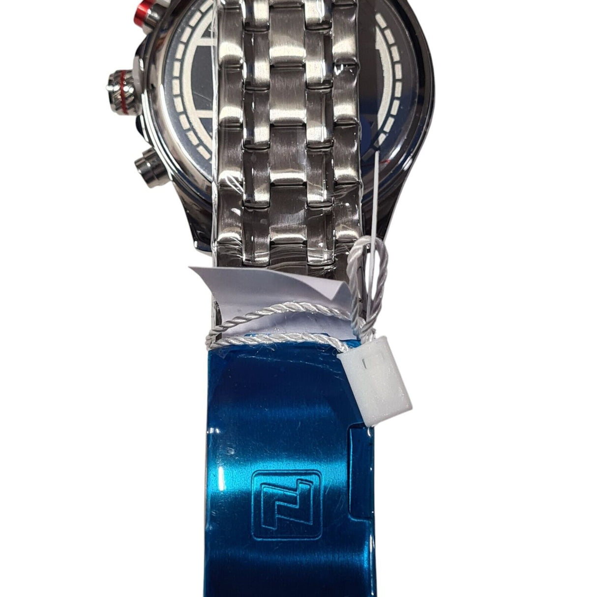 Naviforce NF8046 men's watch with stainless steel strap and blue tag, featuring advanced chronograph features.