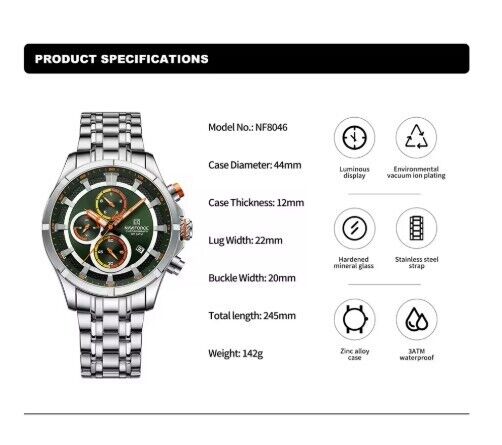 Naviforce NF8046 men's watch with stainless steel bracelet, green dial, chronograph features, and 3ATM water resistance.