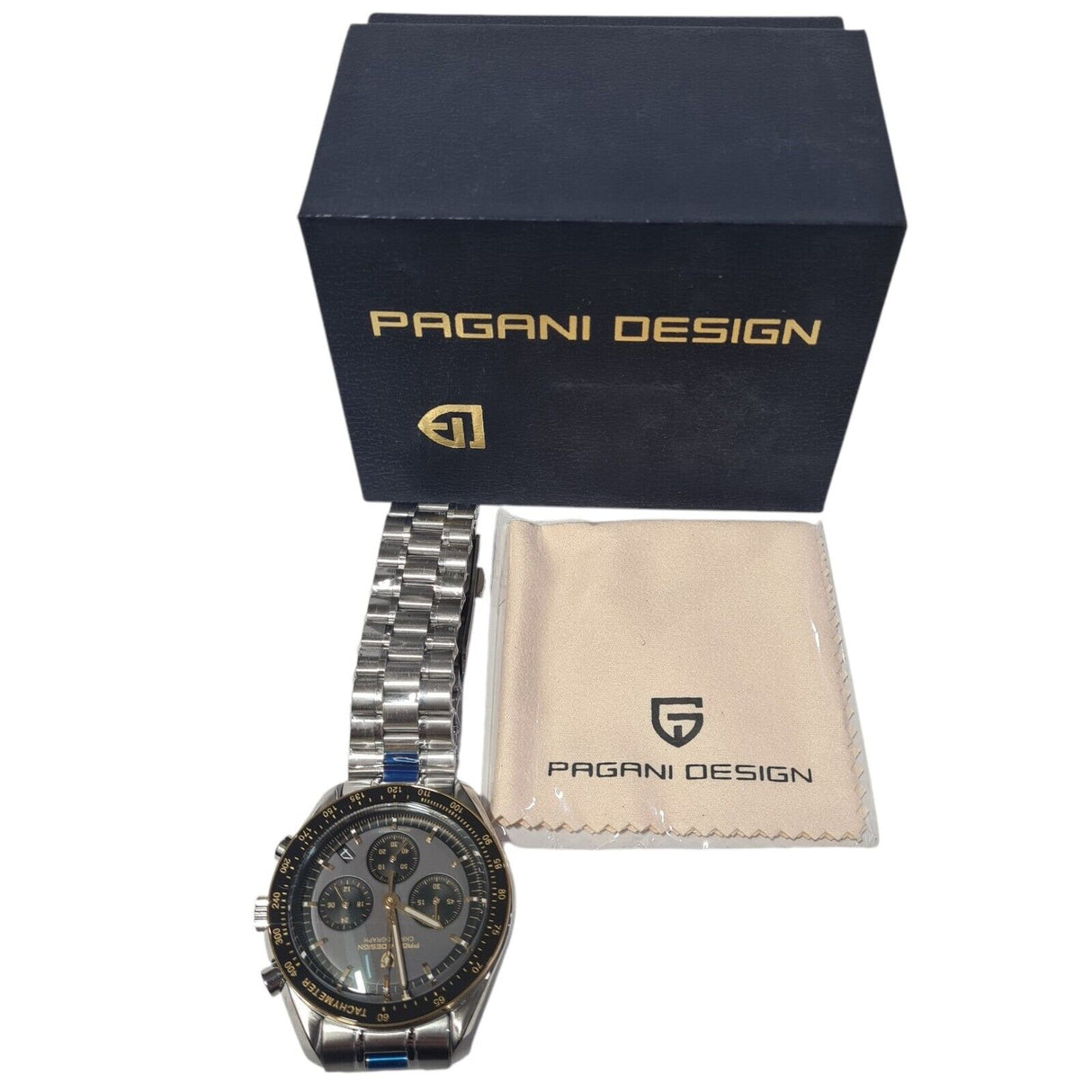 Pagani Design Moon Watch with black and gold chronograph, stainless steel band, box, and cloth displayed.