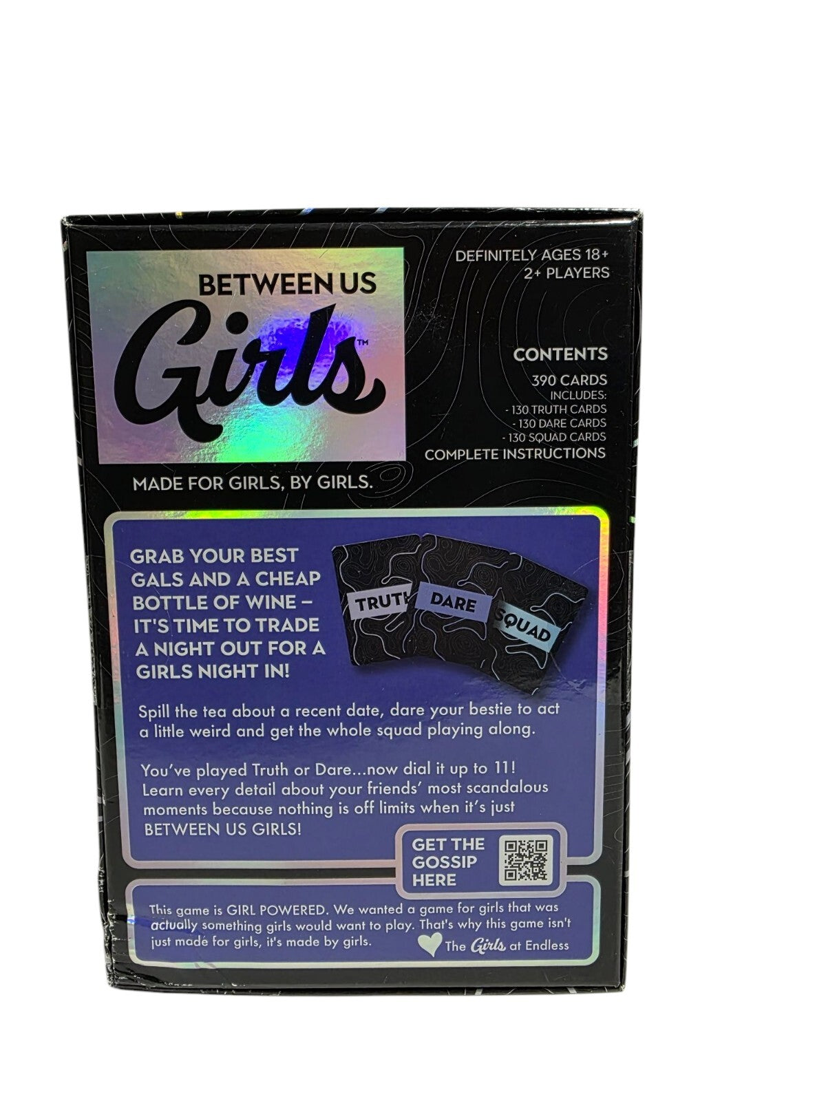 Between Us Girls game box featuring Truth, Dare, Squad options for 2 or more players by Goliath Games.