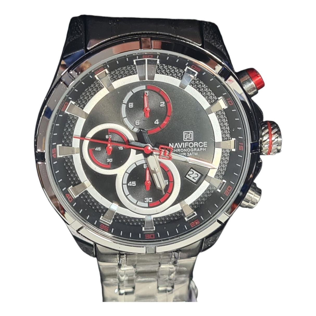Naviforce NF8046 men's chronograph watch with stainless steel strap and black dial features.
