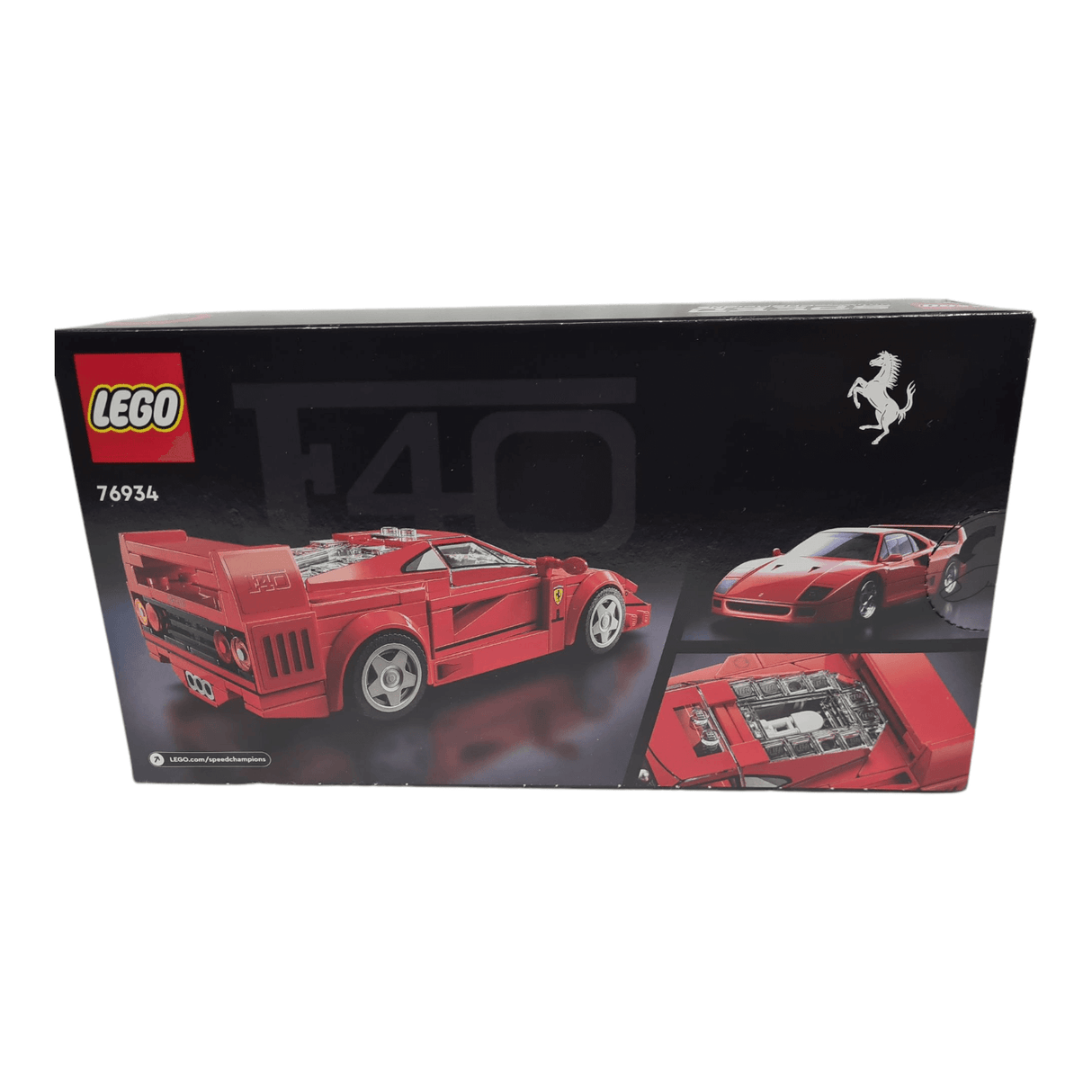 LEGO 76934 Speed Champions Ferrari F40 set packaging, showcasing model with images and branding.