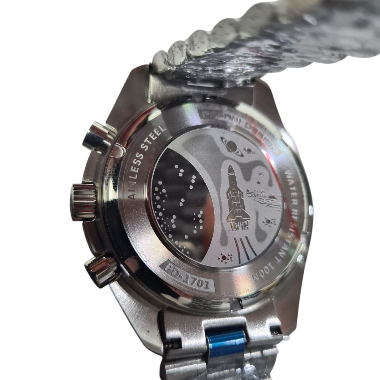 Back view of PAGANI DESIGN Moon Watch showcasing intricate design and quality stainless steel craftsmanship.