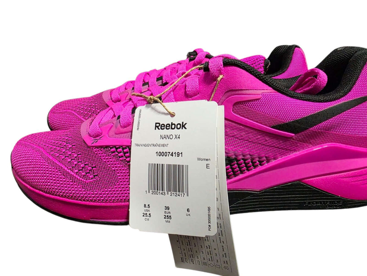 Reebok Nano X4 Women's Training Shoes in vibrant pink, lace-up style, featuring tags and unique design, UK Size 6.