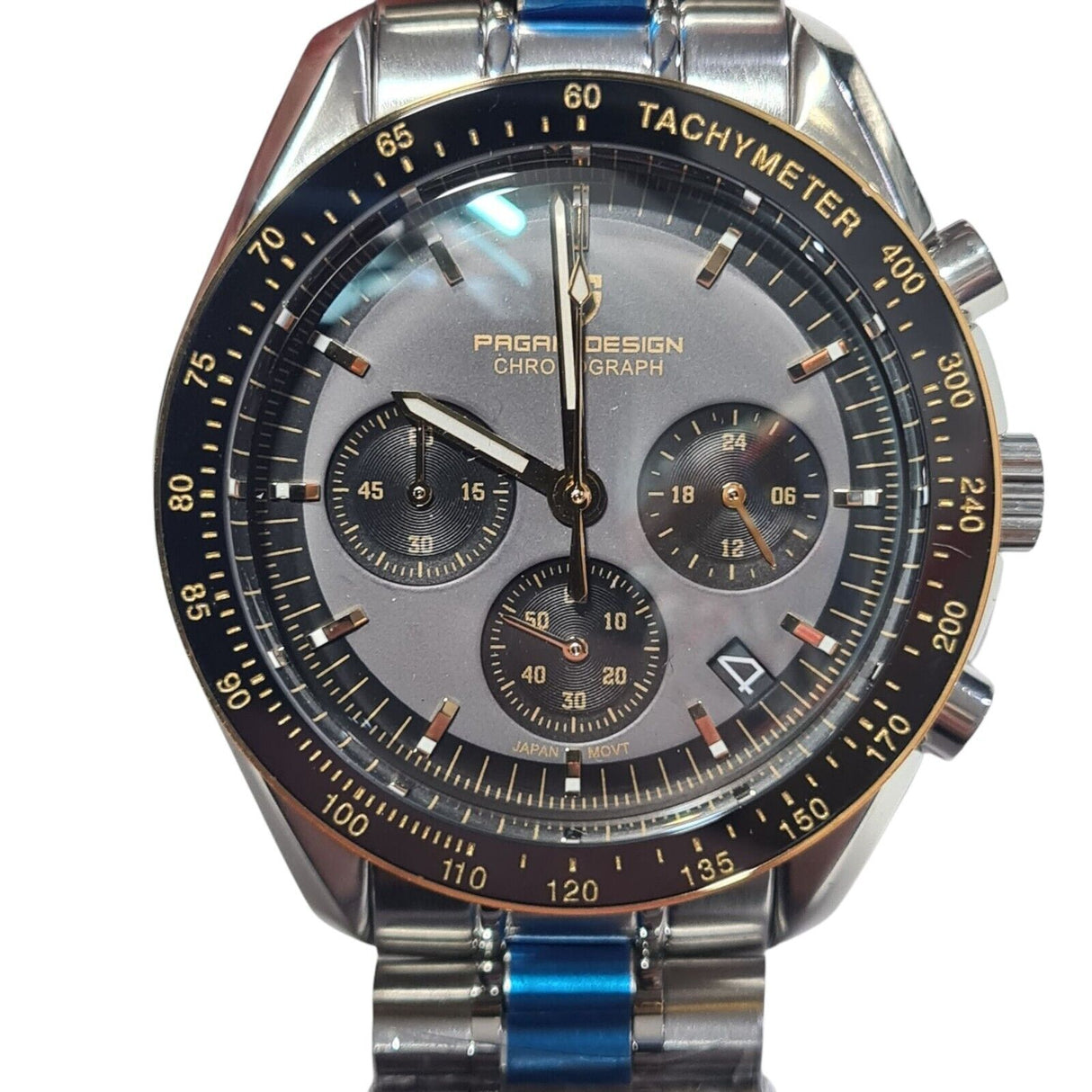 Pagani Design men's Moon watch with silver chronograph dial and tachymeter, featuring black and gold accents.