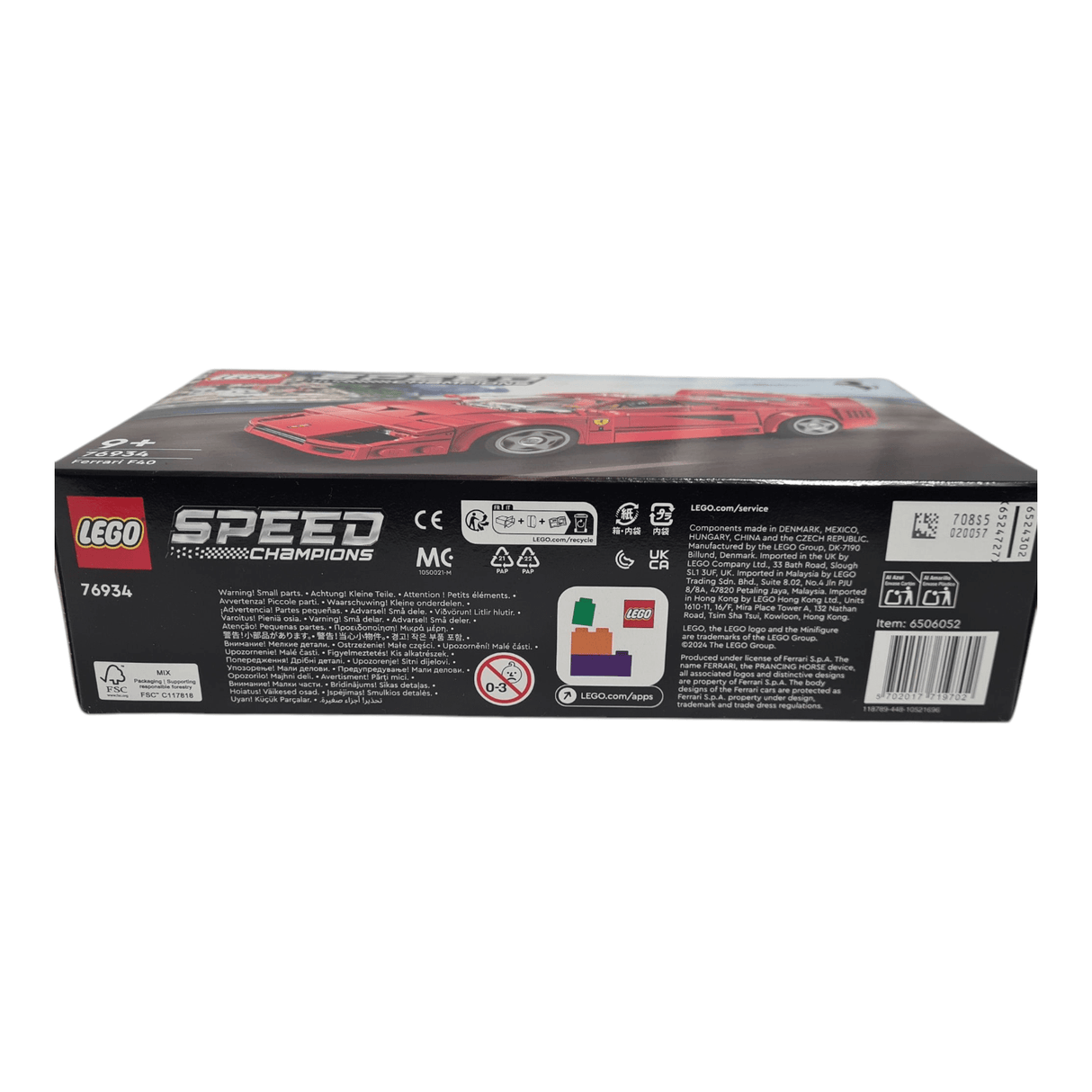 LEGO 76934 Speed Champions Ferrari F40 box showing set details and branding, sealed and brand new.
