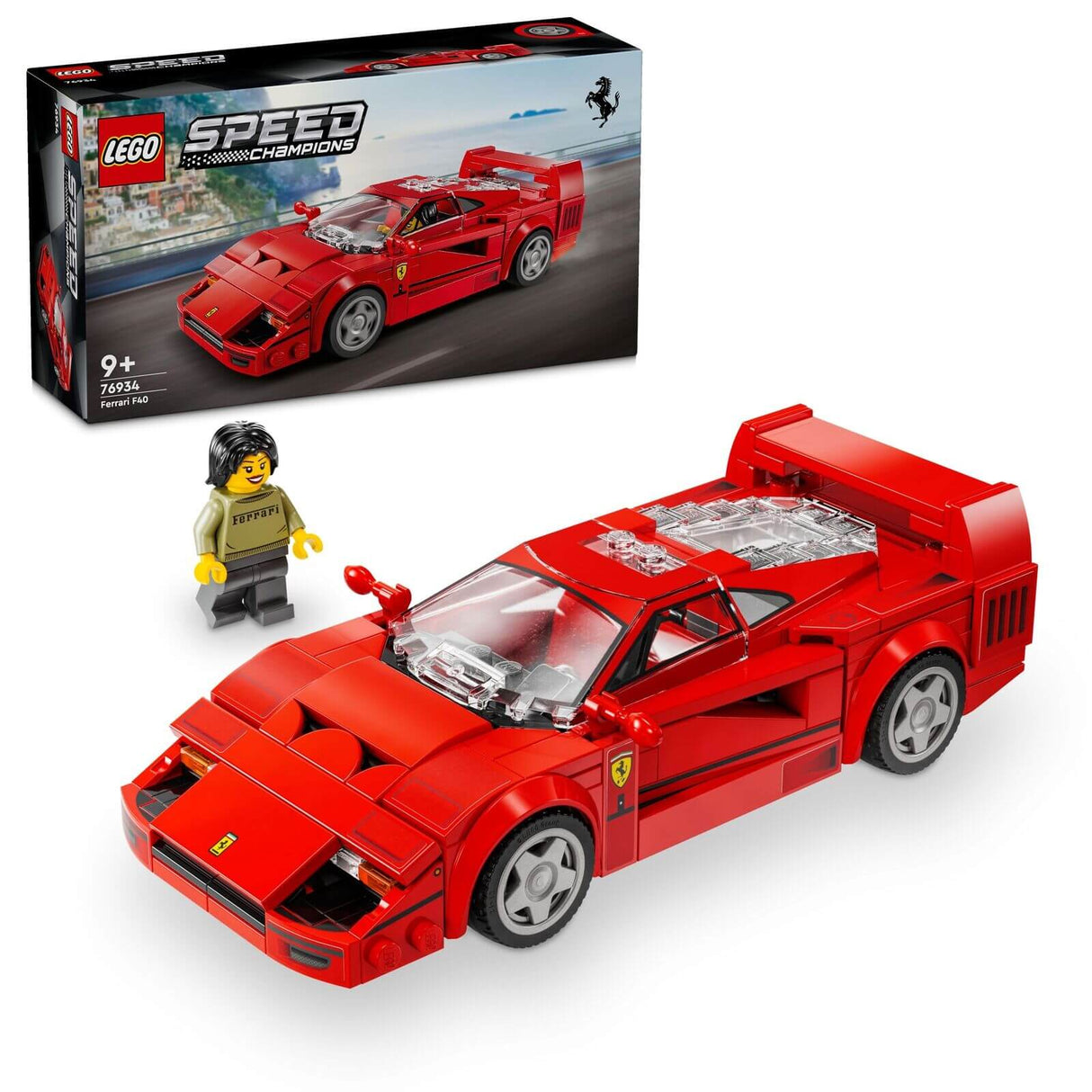 LEGO 76934 Speed Champions Ferrari F40 set with minifigure, brand new sealed, 318 pieces, perfect for ages 9 and up.