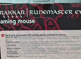 Drakkar Runemaster EVO gaming mouse packaging, highlighting ergonomic design, DPI options, and LED effects.