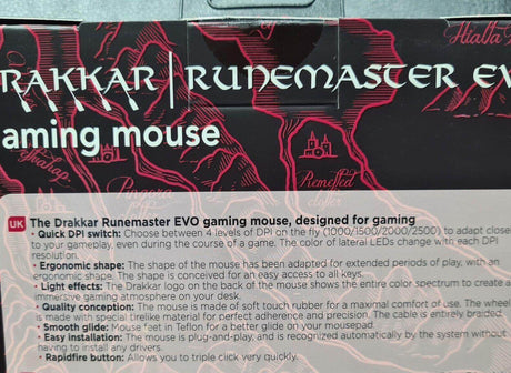 Drakkar Runemaster EVO gaming mouse packaging, highlighting ergonomic design, DPI options, and LED effects.