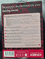 Back packaging of Konix Drakkar Runemaster EVO gaming mouse, featuring design and product details.