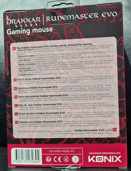 Back packaging of Konix Drakkar Runemaster EVO gaming mouse, featuring design and product details.