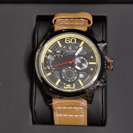 Louis Lacombe Chronograph Watch Black & 3 Sub Dials Leather Strap - New in Box