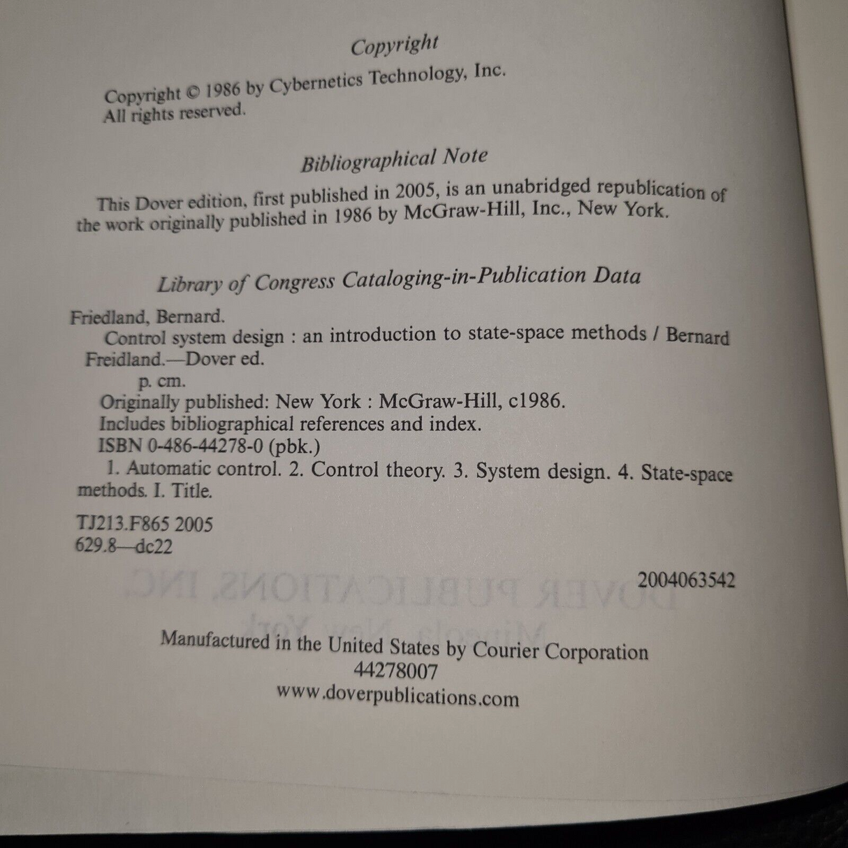 Control System Design An Introduction to State-Space Methods - Pre-Owned
