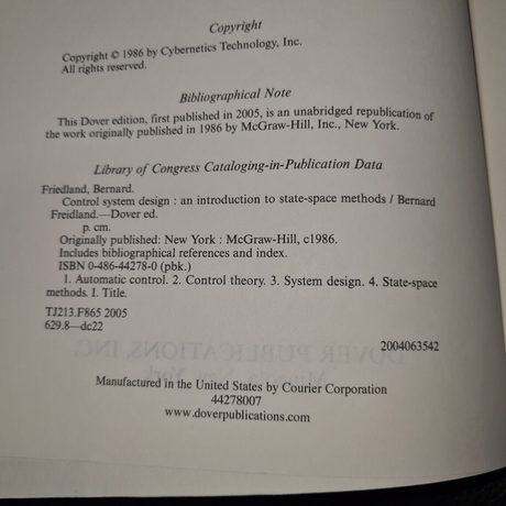 Control System Design An Introduction to State-Space Methods - Pre-Owned