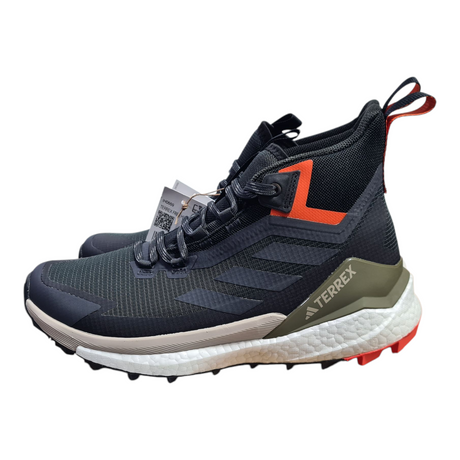 Men's Adidas Terrex Free Hiker 2 GTX sneakers in black with orange accents, offering outdoor performance, size UK 8, new in box.