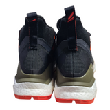 Back view of Men's Adidas Terrex Free Hiker 2 GTX sneakers in black and olive, showcasing stylish outdoor hiking design.