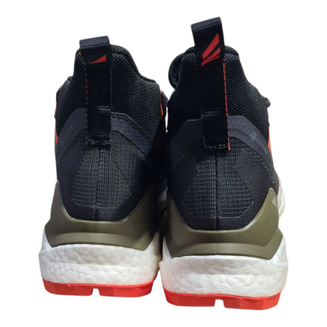 Back view of Mens Adidas Terrex Free Hiker 2 GTX sneakers in black with red accents, men's size UK 8, new in box.