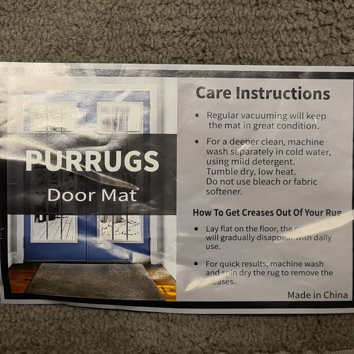 Care instructions for PURRUGS door mat, highlighting maintenance tips and washing guidelines.