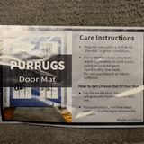 Care instructions for PURRUGS door mat, highlighting maintenance tips and washing guidelines.