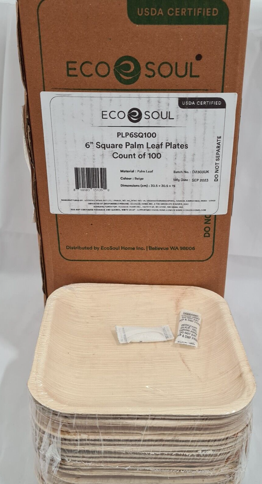 100 x ECO SOUL Compostable 15.5cm / 6" Square Palm Leaf Plates Ideal for Parties