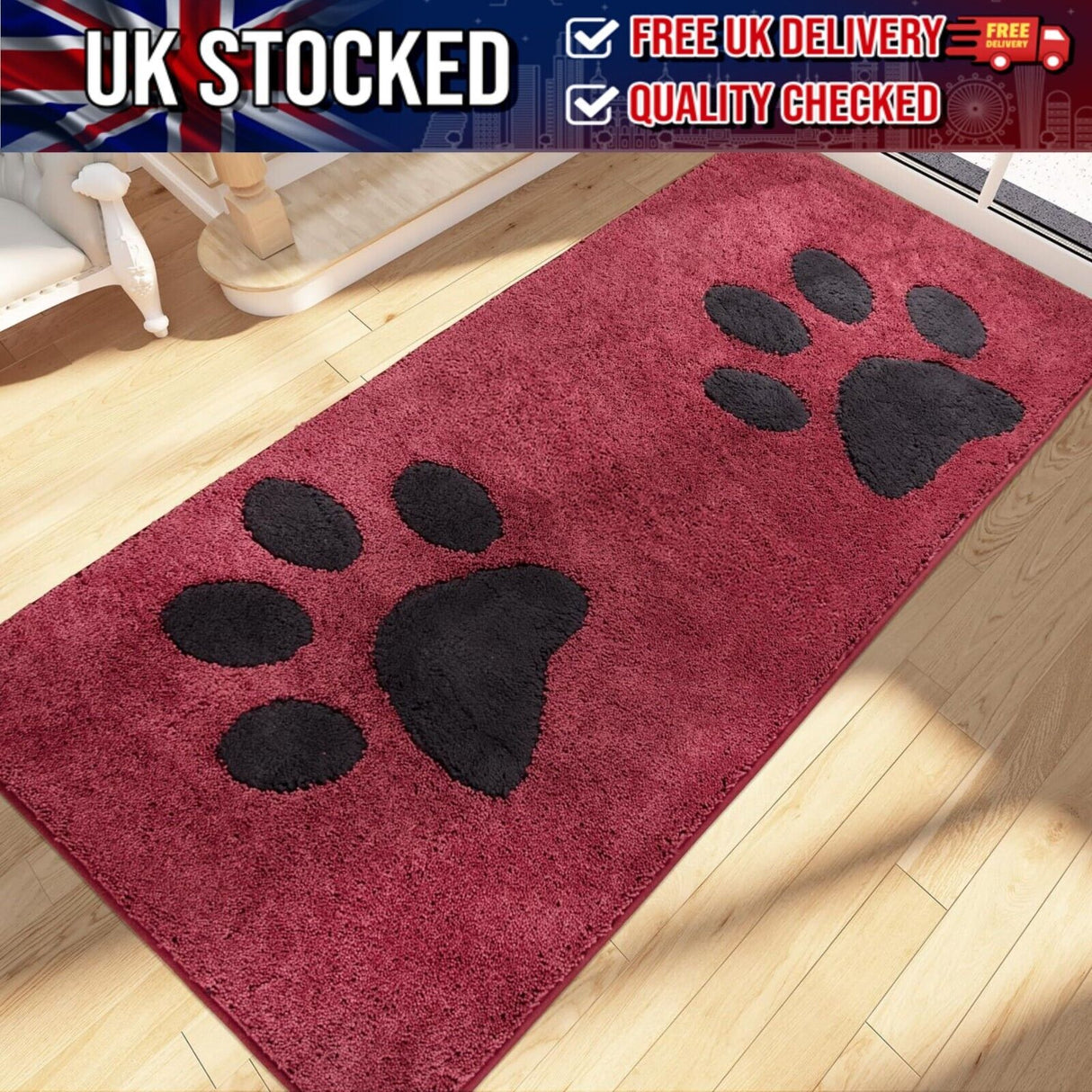 FCSDETAIL Red with Black Paws Dirt Trapper Indoor Door Mat / Rug 80 x 178 cm