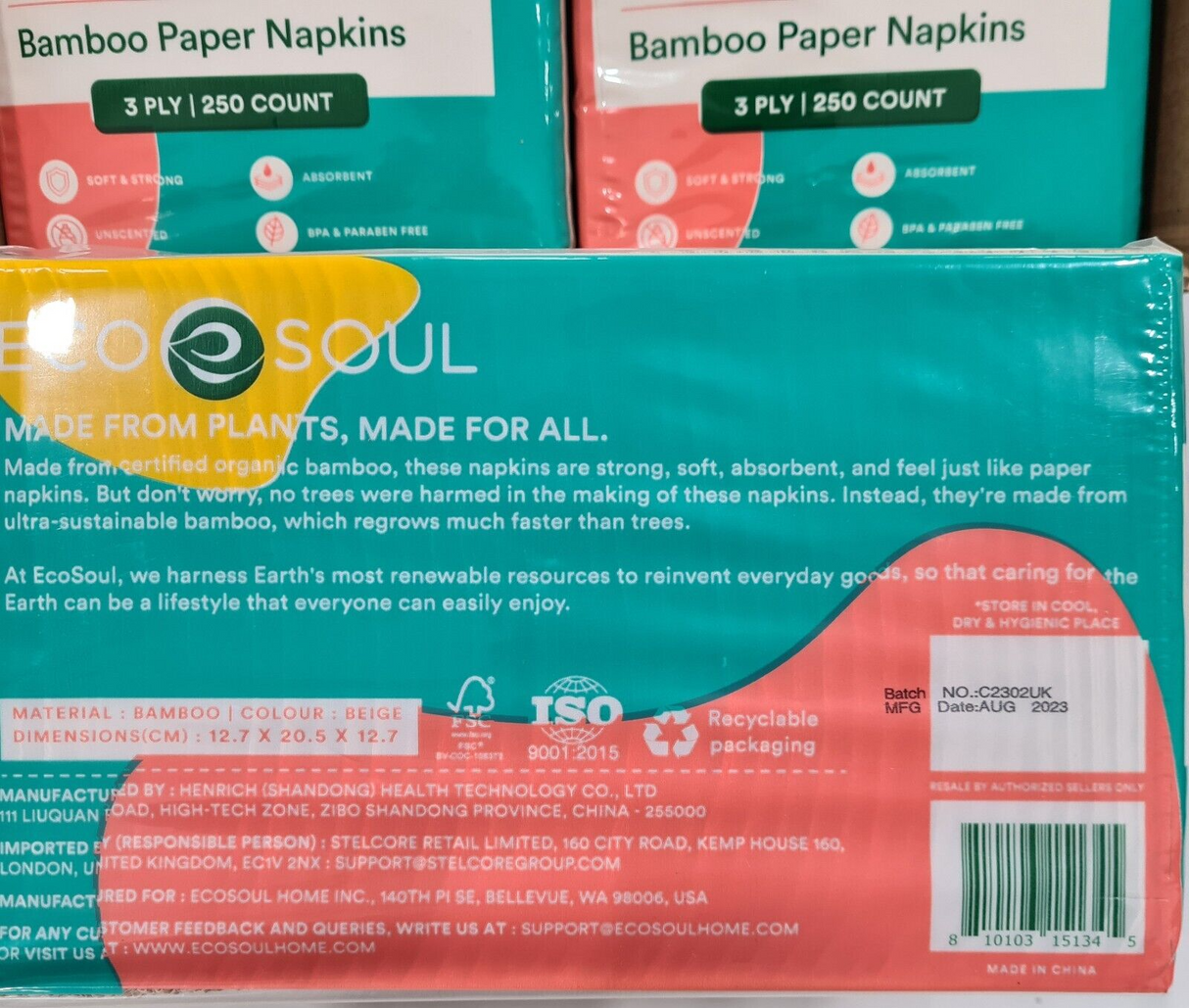 ECO SOUL 100% Bamboo Premium 3 Ply Paper Napkins x 1000 - Brand New