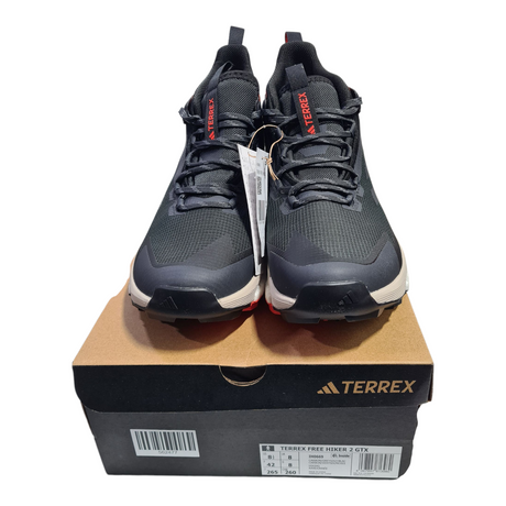 Mens Adidas Terrex Free Hiker 2 GTX shoes in black, size UK 8, USA 8.5, displayed in box, perfect for outdoor adventures.