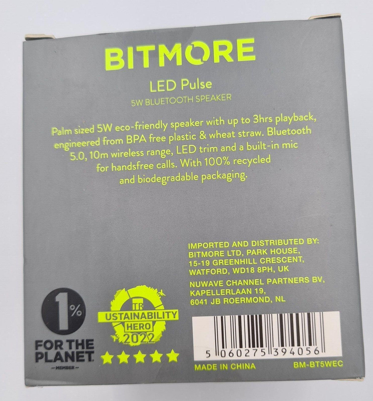 Bitmore Led Pulse Portable Bluetooth Speaker with Recycled Material - New Sealed