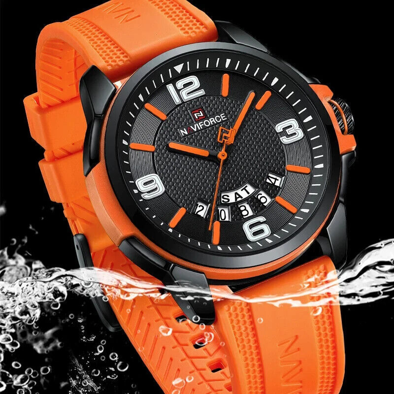 Naviforce Watch Waterproof Day Date Display orange TPU Strap - Free Delivery