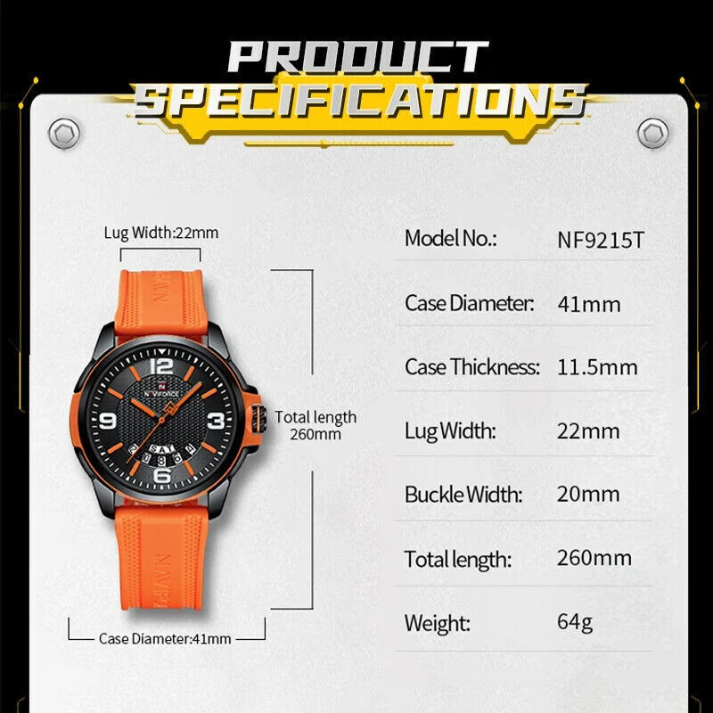 Naviforce Watch Waterproof Day Date Display orange TPU Strap - Free Delivery