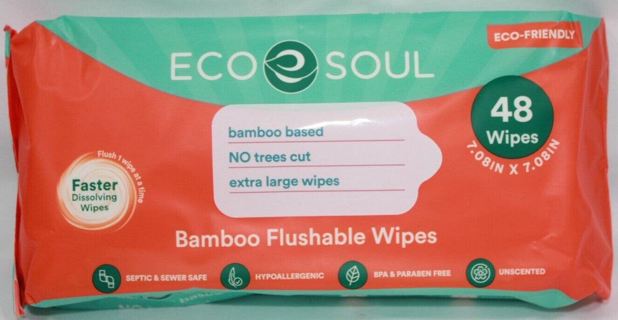 ECO SOUL Bamboo Flushable Toilet Wet Wipes  - 12 Packs Of 48 - Extra Large Wipes