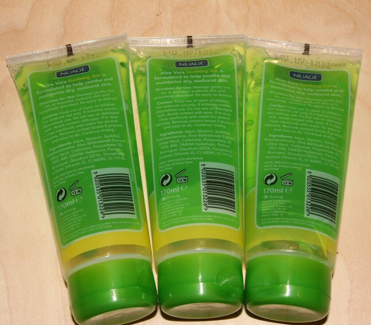 3 x Nuage 170ml Aloe Vera Soothing Gel - Sun Burn, Moisturises and Cools - NEW